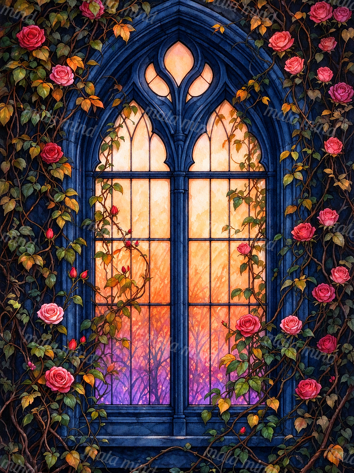 Pointed gothic window glowing in peach and violet, framed by pink roses, vines, and deep blue architectural details. — 02_master_artwork