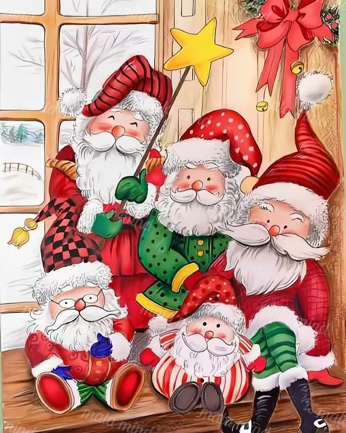 Five colorful Santa figures gathered in a decorated wooden room with a yellow star and red bow — 02_master_artwork