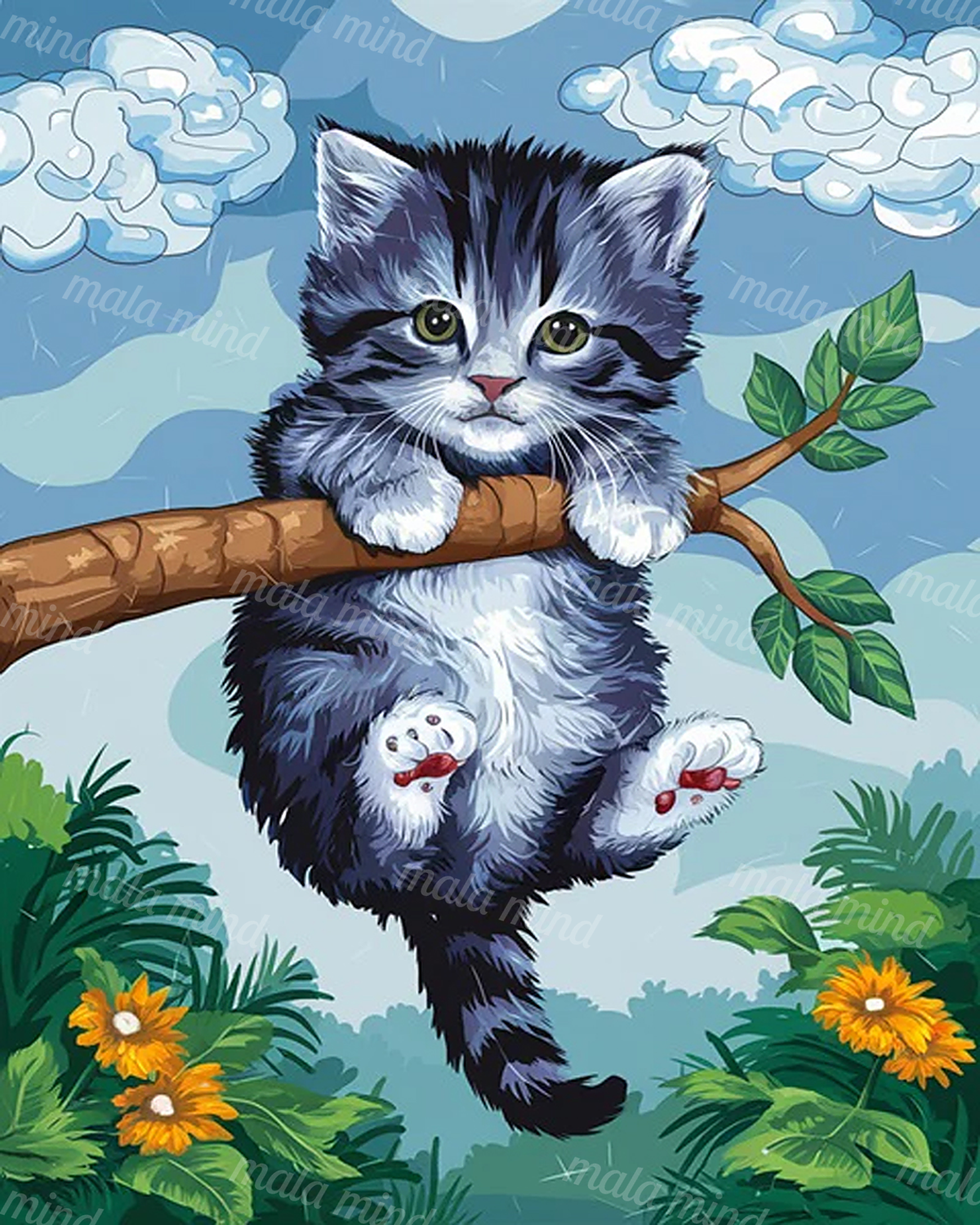 Blue-gray kitten hanging from a tree branch among clouds, green leaves, orange flowers, and rain — 02_master_artwork