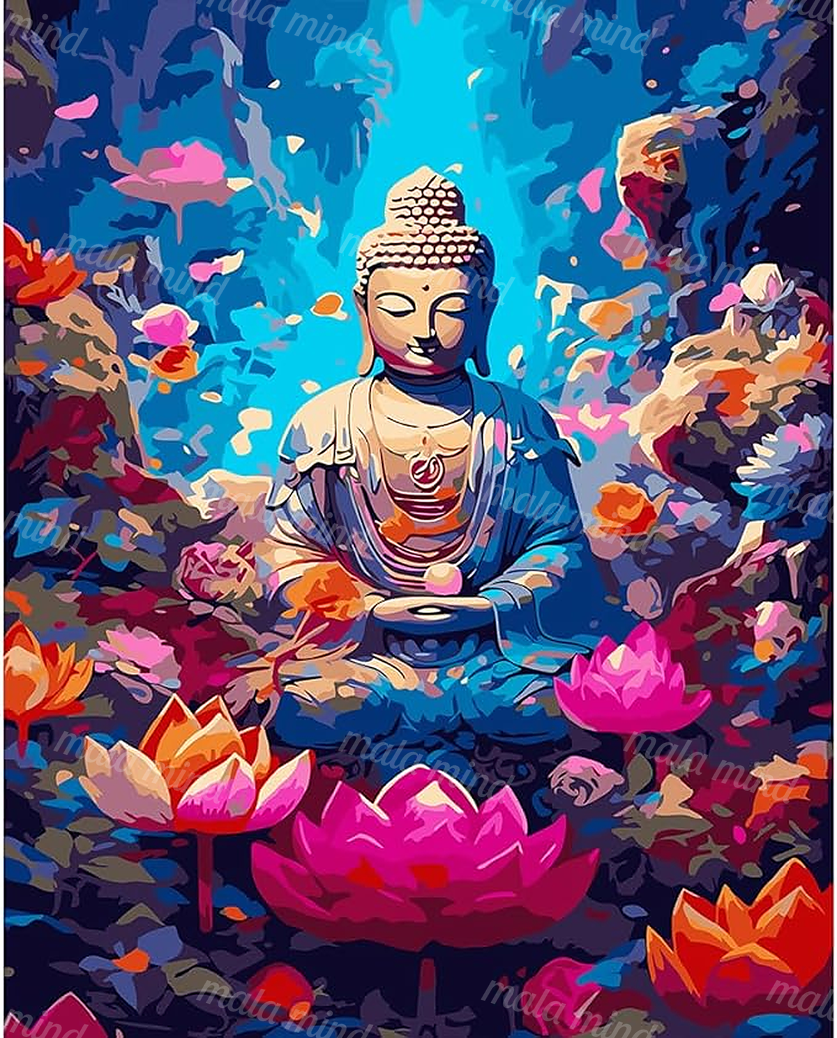 Colorful seated Buddha meditating among pink and orange lotus flowers in a blue pond — 02_master_artwork