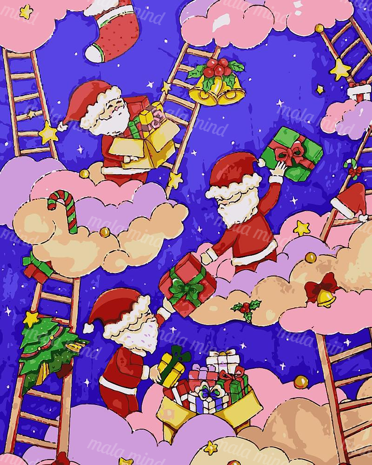 Cartoon Santa figures deliver gifts among pastel clouds, ladders, bells, and stars in a blue-purple Christmas sky. — 02_master_artwork