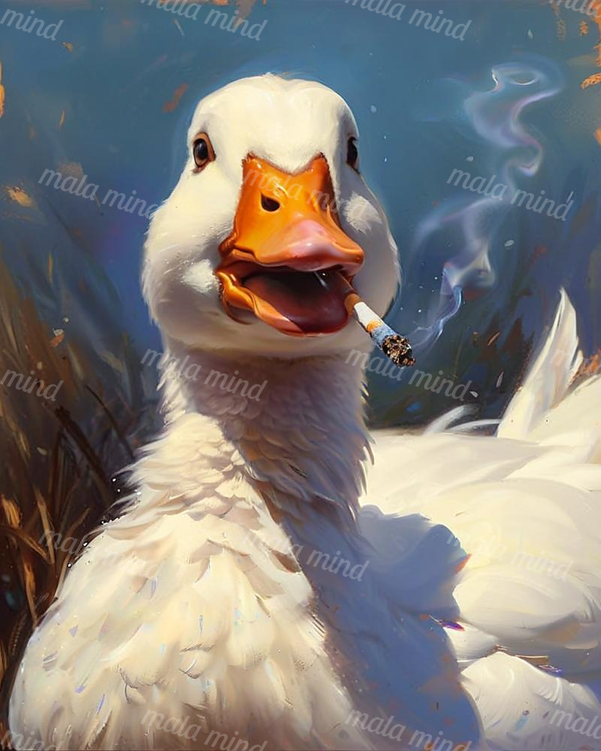 Painterly white duck holding a lit cigarette with curling smoke against a deep blue background — 02_master_artwork