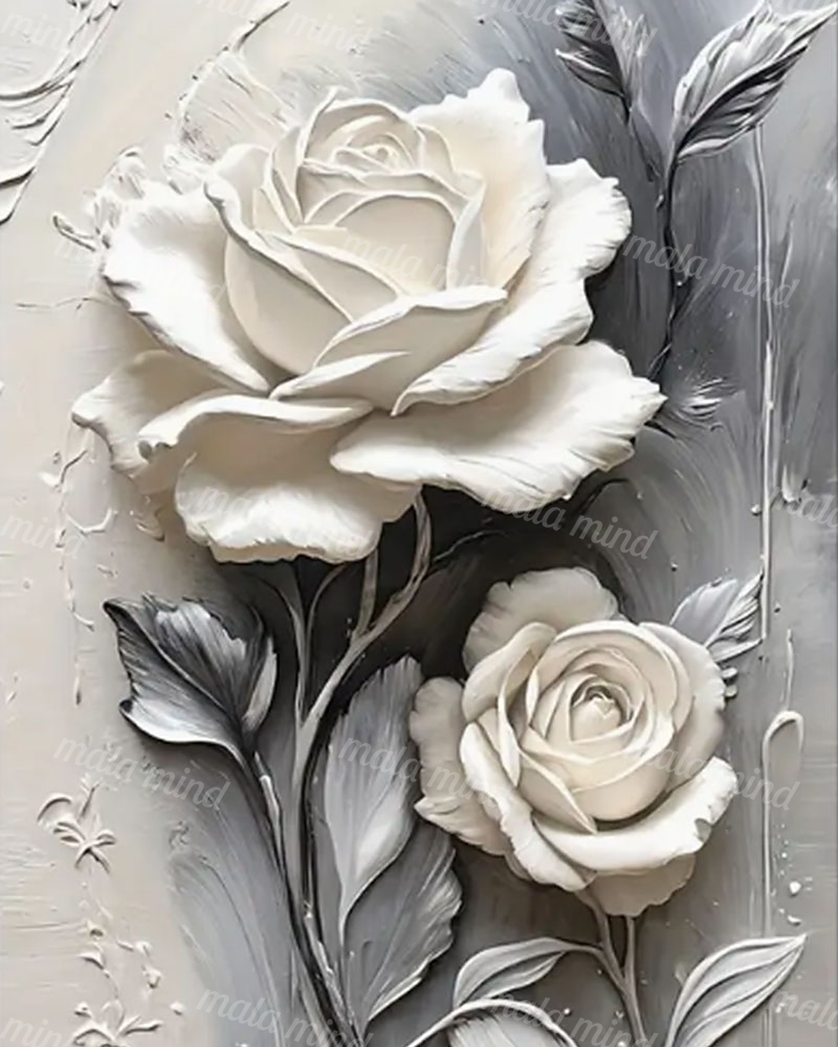 Monochromatic artwork of two ivory roses with dark leaves and stems on a textured gray background — 02_master_artwork