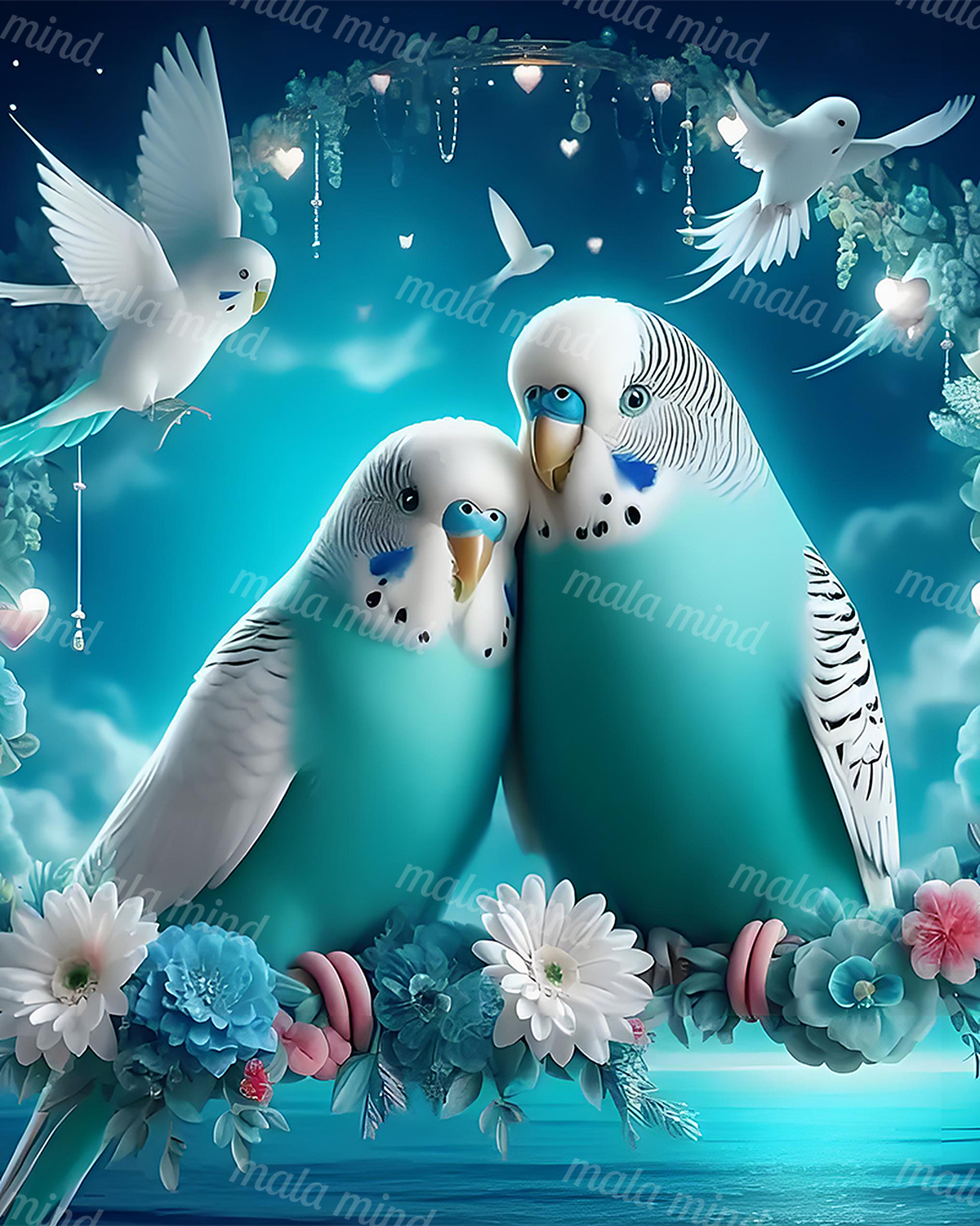 Two turquoise budgerigars surrounded by flowers, flying white birds, heart ornaments, and a glowing blue background. — 02_master_artwork