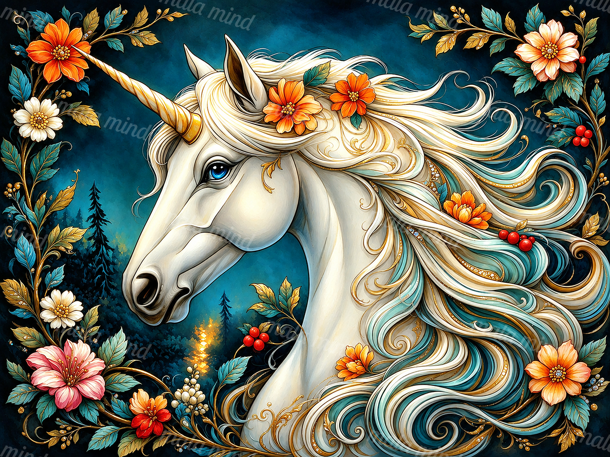 White unicorn with a floral turquoise mane, golden horn, and evergreen forest backdrop — 02_master_artwork