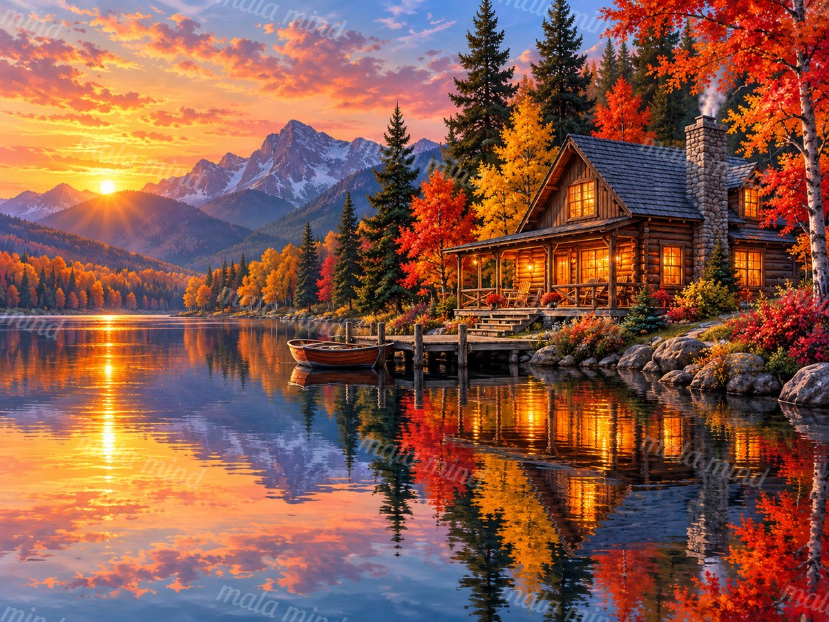 Autumn log cabin beside a reflective lake, with snow-capped mountains, colorful trees, and a glowing sunset. — 02_master_artwork