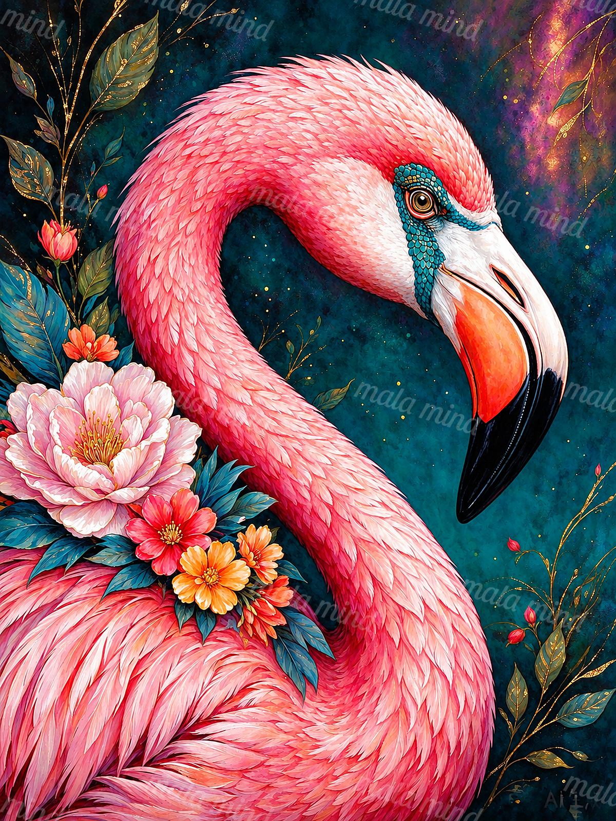 Detailed pink flamingo portrait with colorful flowers, blue-green foliage, and gold branches on a teal background — 02_master_artwork