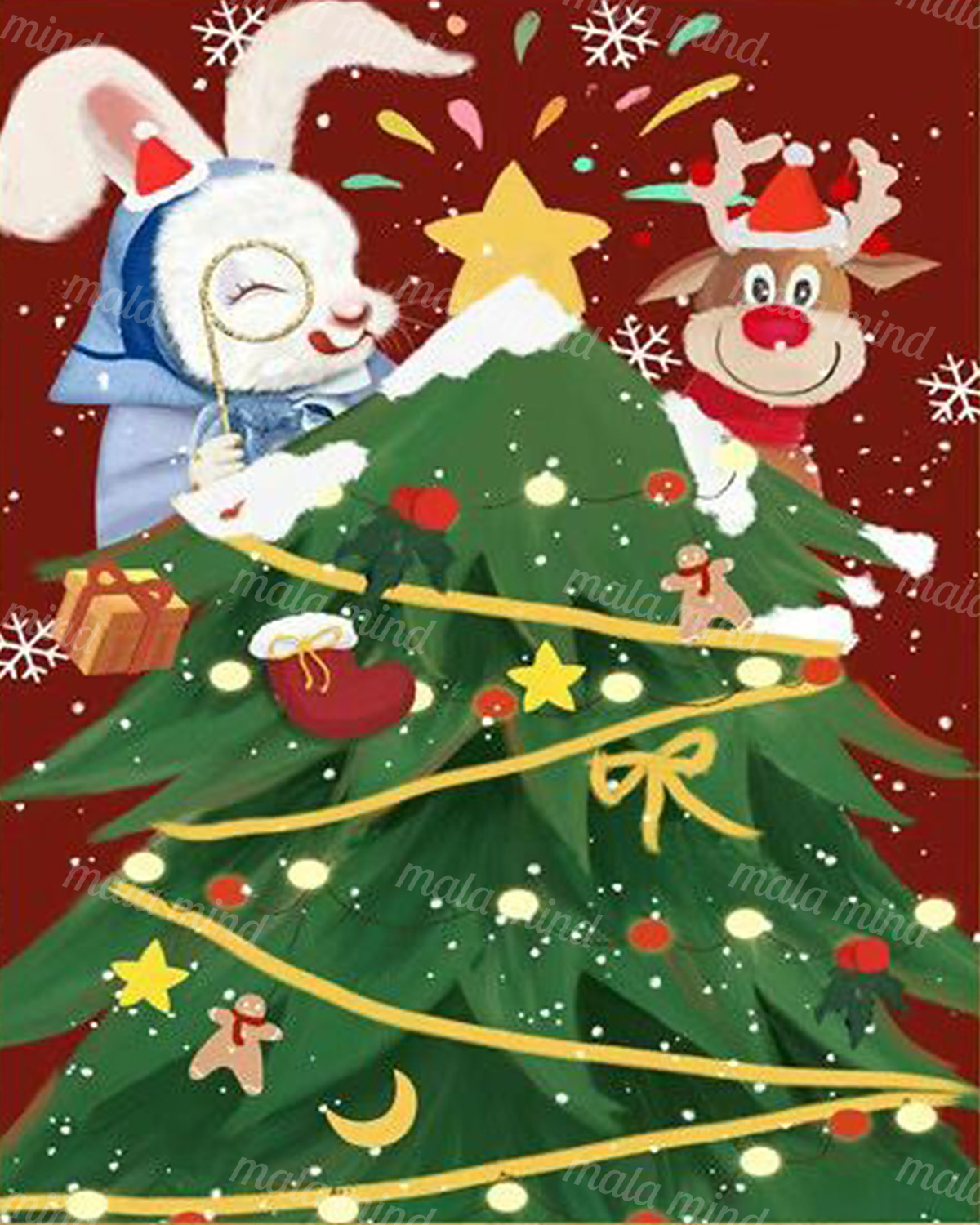 Cartoon Christmas tree with yellow garlands, a white animal, reindeer, gifts, ornaments, and snowflakes — 02_master_artwork