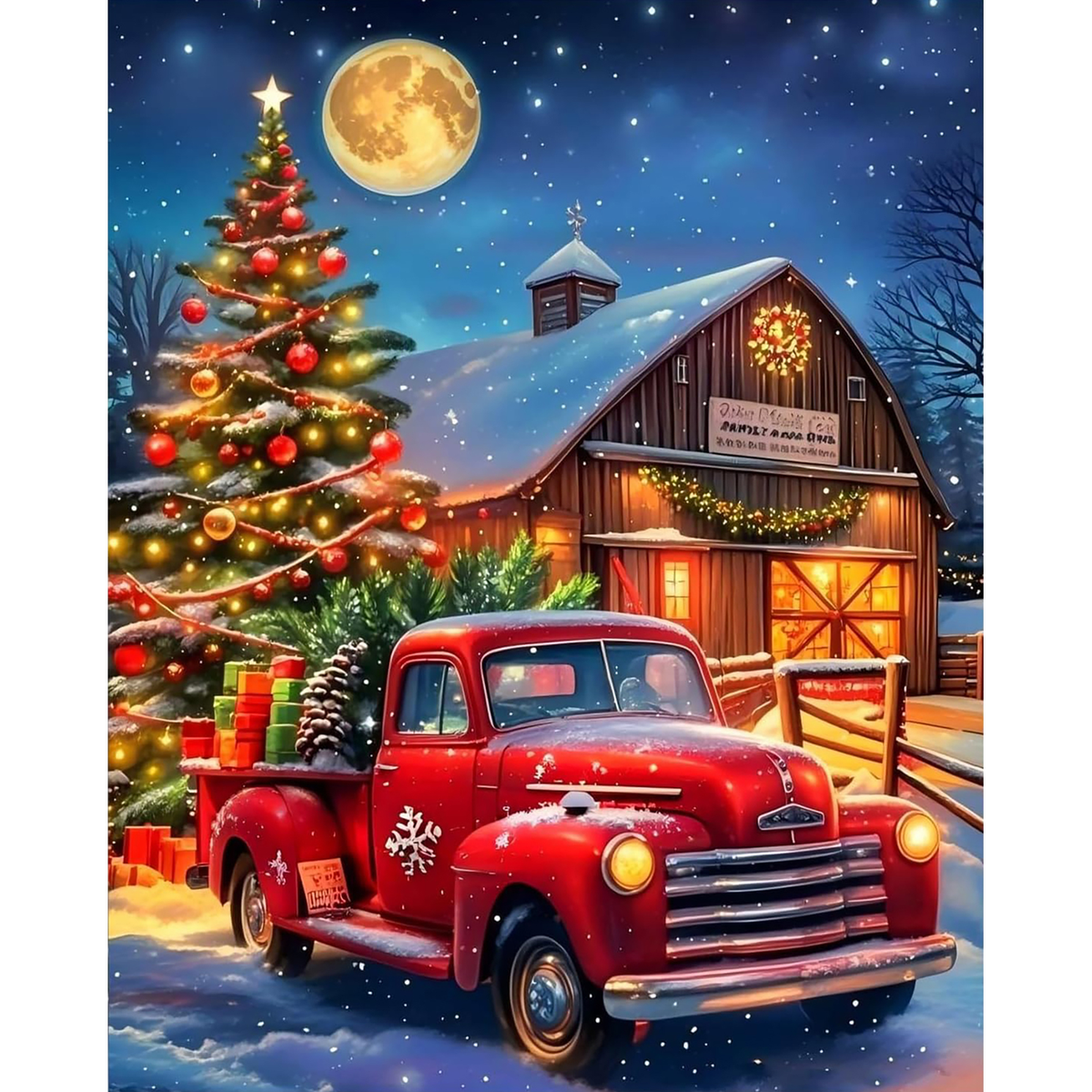 Red vintage pickup truck beside a lit Christmas tree and snowy barn beneath a full moon