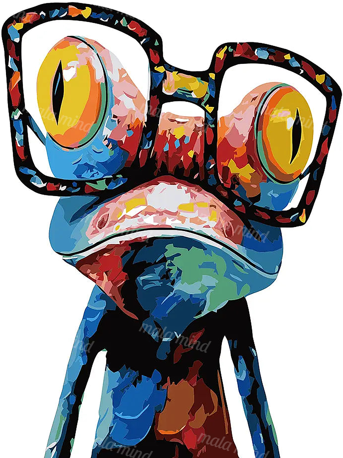 Abstract colorful figure wearing oversized black glasses and a patterned scarf on a white background — 02_master_artwork