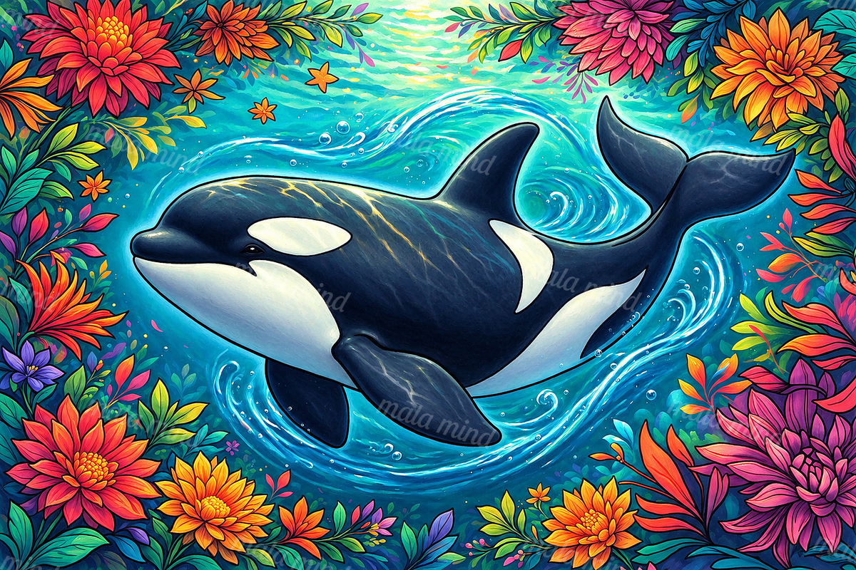 Black-and-white orca swimming through turquoise water, surrounded by colorful flowers and green leaves — 02_master_artwork