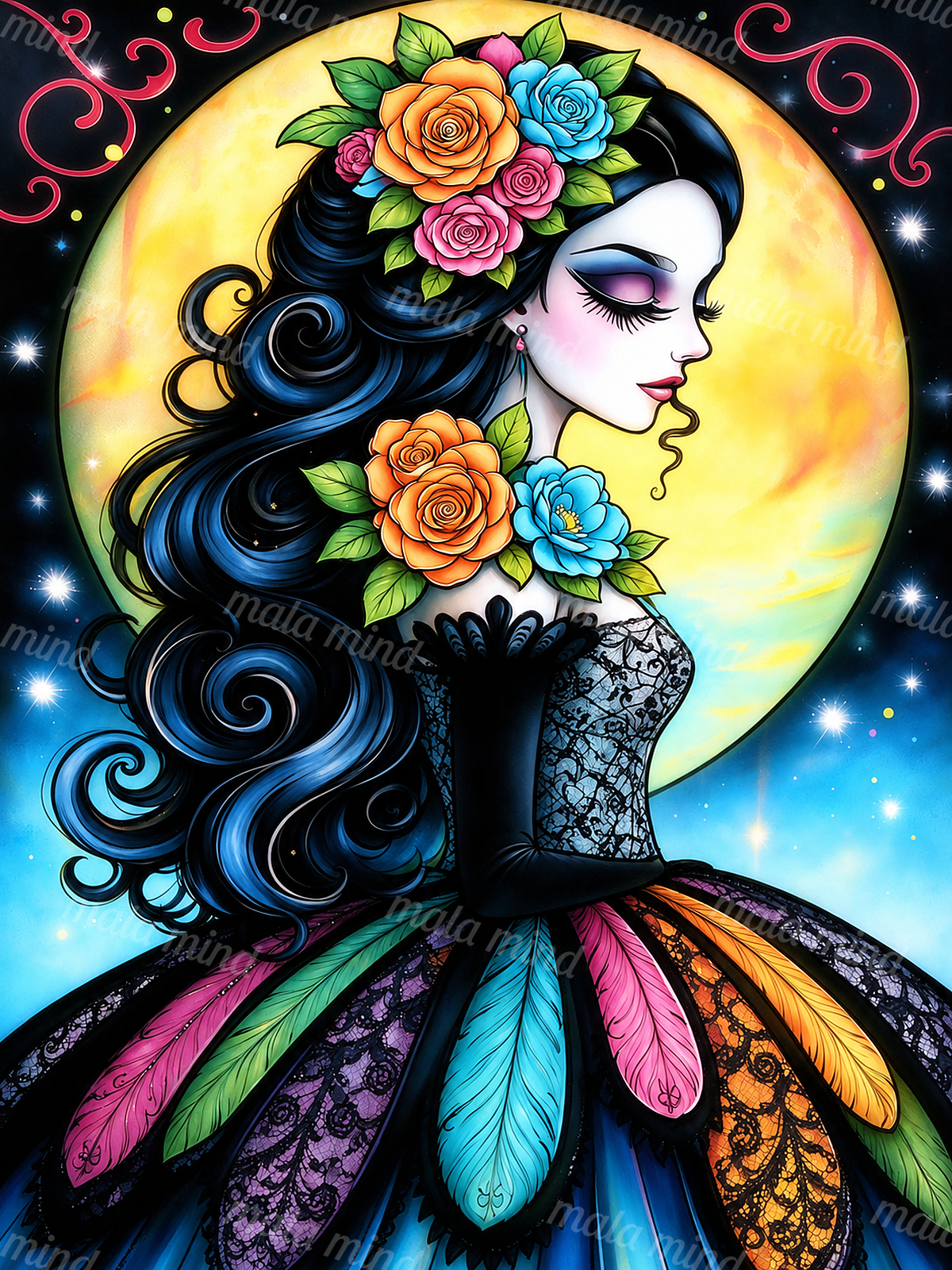 Woman in profile with floral hair ornaments, flowing dark hair, glowing moon, and colorful ornate dress — 02_master_artwork