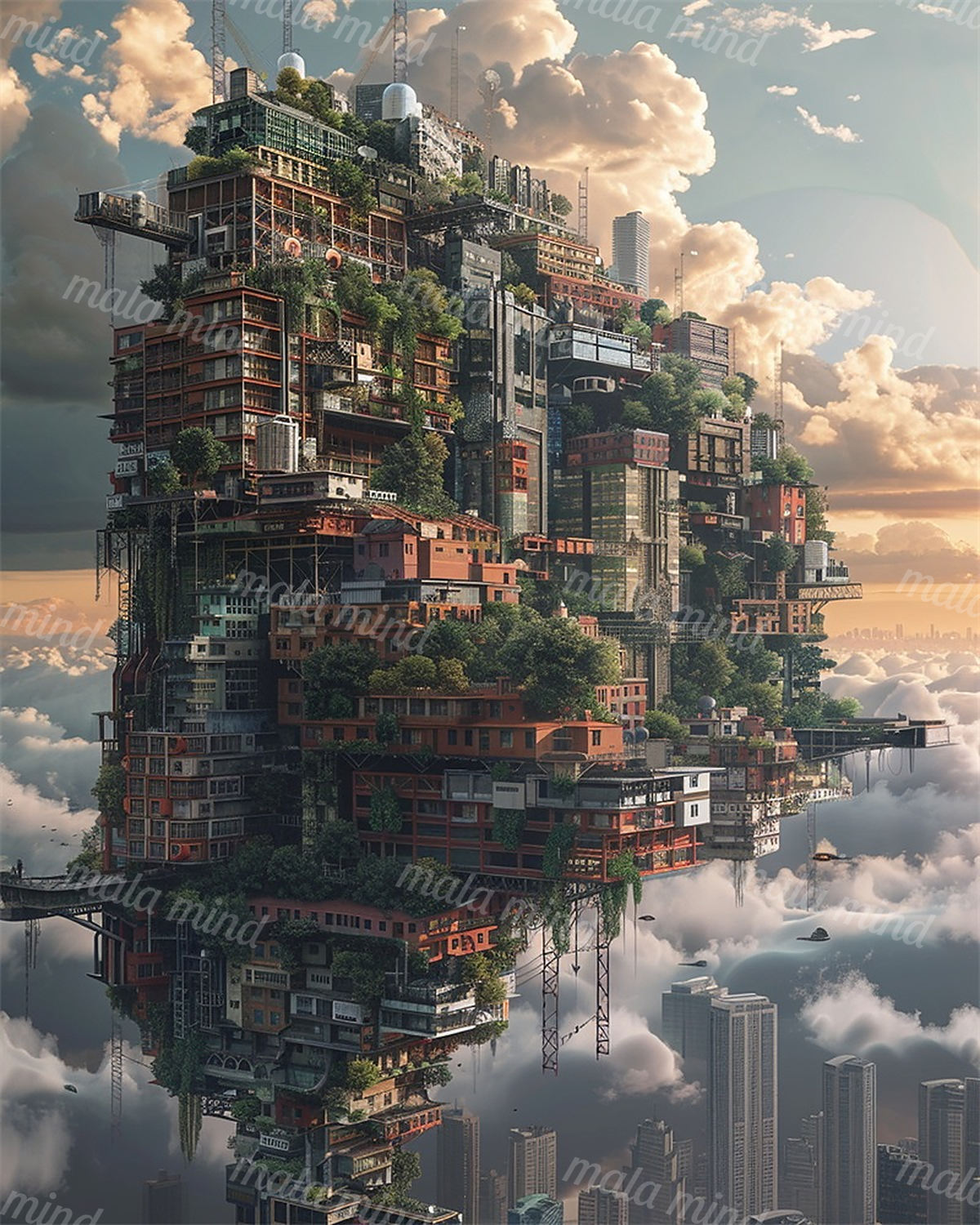 Futuristic floating city of stacked buildings and greenery surrounded by clouds — 02_master_artwork