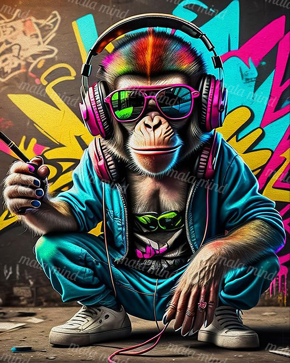 Crouching chimpanzee wearing headphones and pink sunglasses in a blue tracksuit before a graffiti wall. — 02_master_artwork