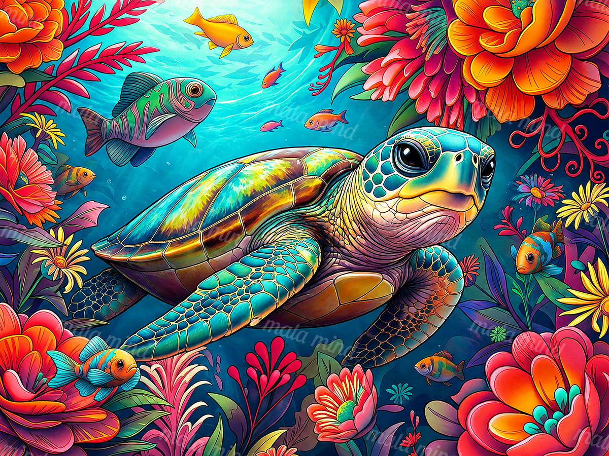 Colorful sea turtle swimming among tropical fish, flowers, and aquatic foliage underwater — 02_master_artwork