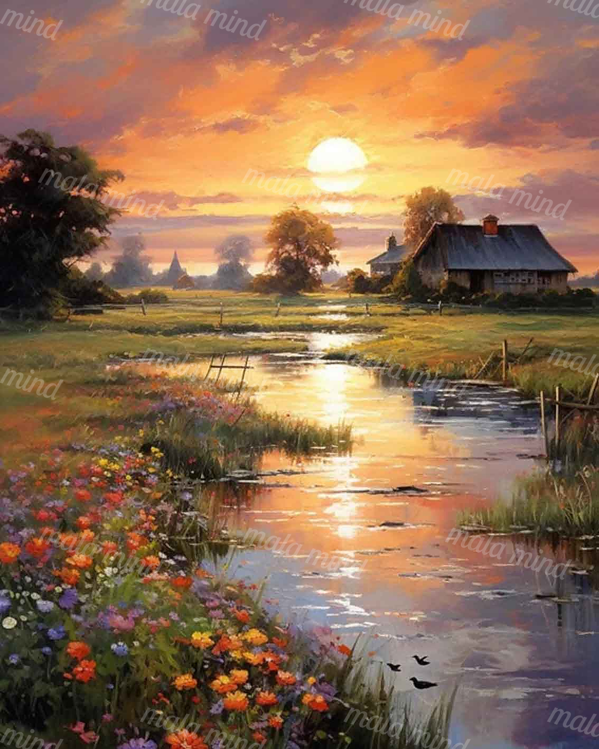 Painterly sunset landscape with a farmhouse, reflective pond, wildflowers, trees, and distant church steeple — 02_master_artwork
