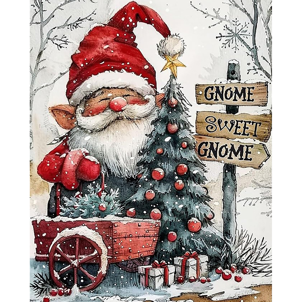 MalaMind Gallery V3 | 02 Master Artwork | CH-260921-068 | Bearded Christmas gnome beside a decorated tree, gifts, wagon, and welcome sign in a snowy woodland.
