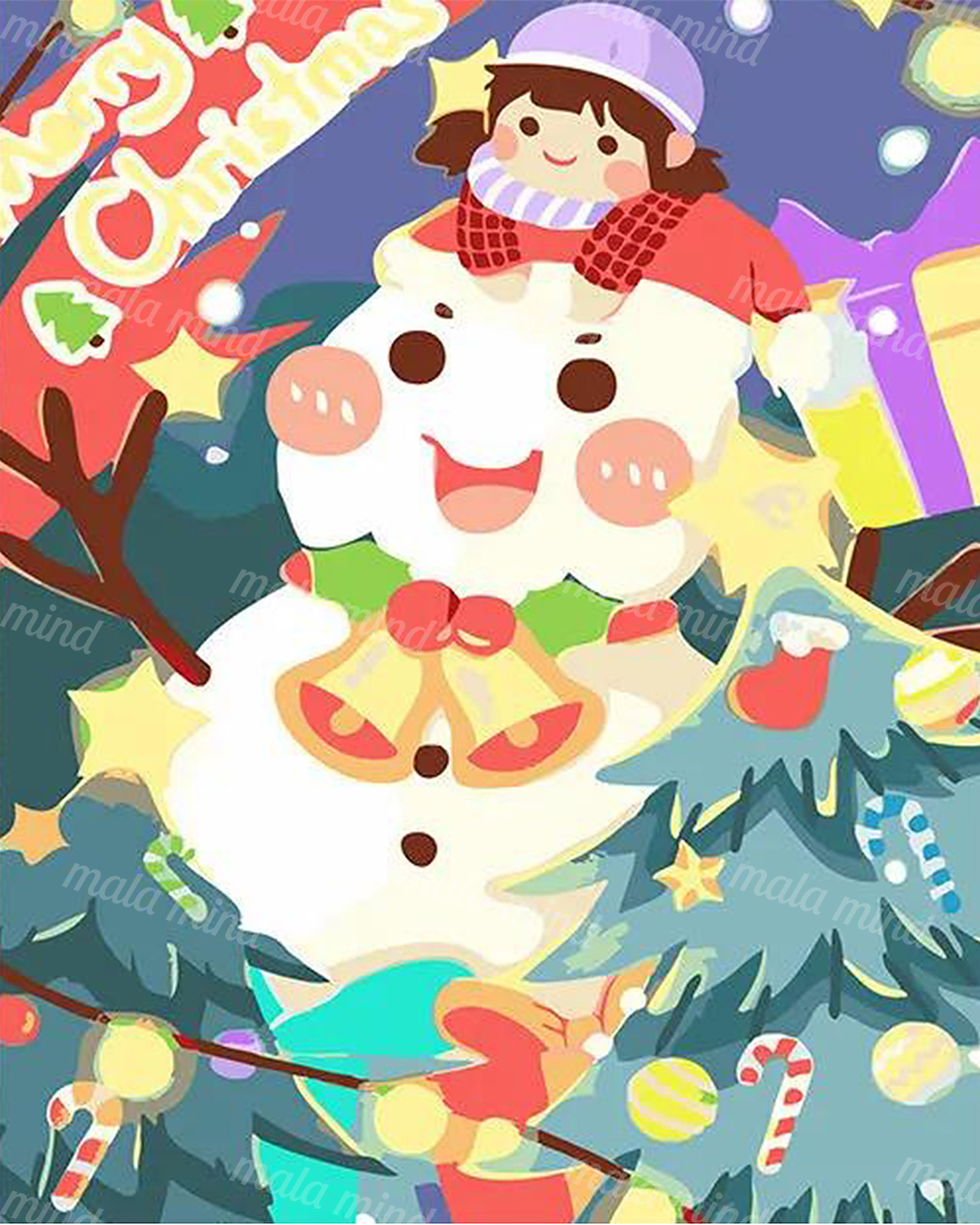 Cartoon Christmas snowman carrying a child, surrounded by ornaments, candy canes, bells, and evergreen branches. — 02_master_artwork