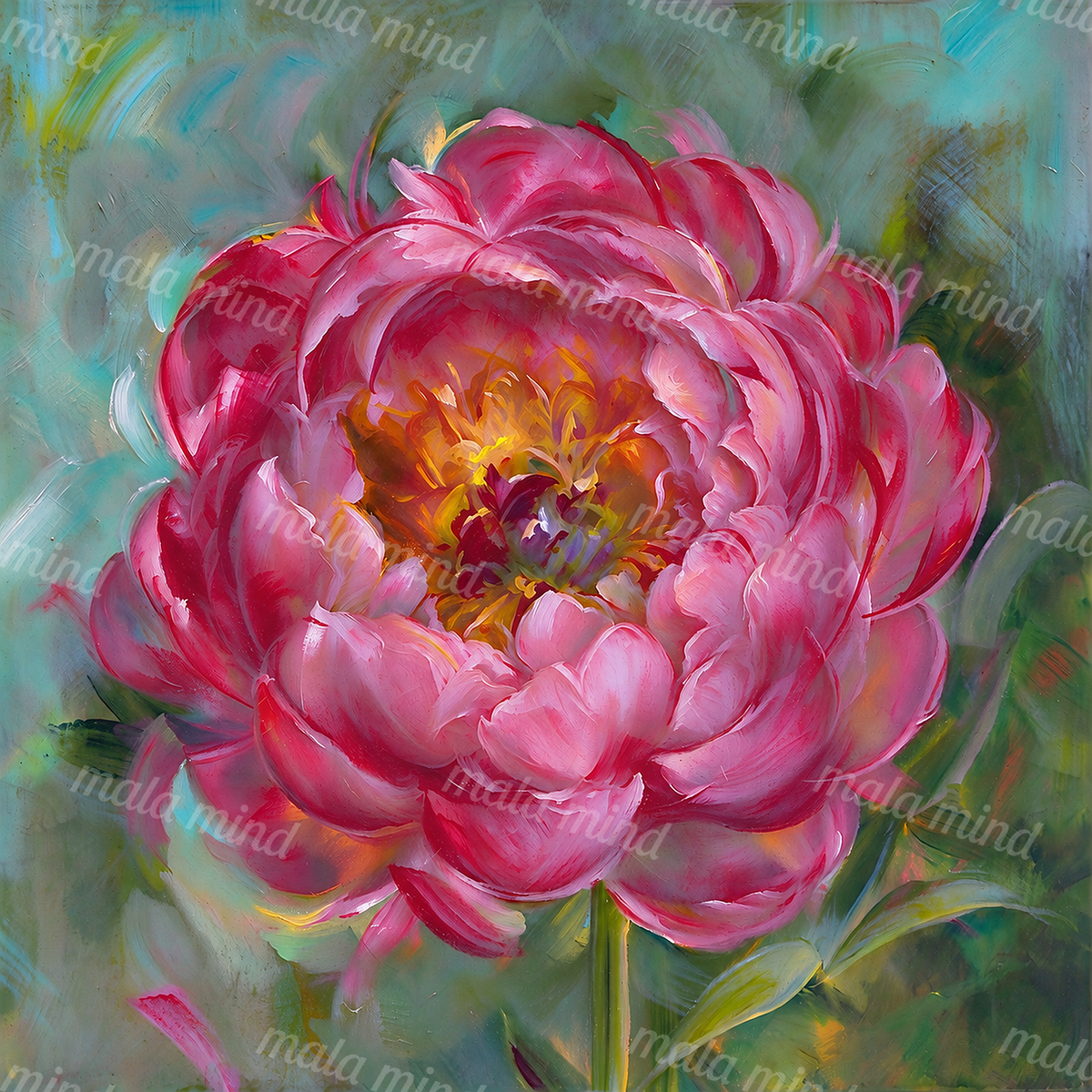 Close-up painterly pink peony with a yellow-orange center, green foliage, and turquoise background — 02_master_artwork