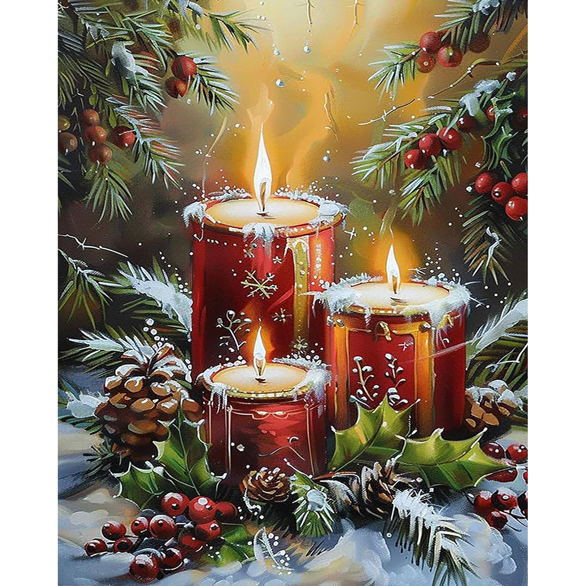 Four glowing red Christmas candles surrounded by snowy evergreen branches, holly, berries, and pinecones