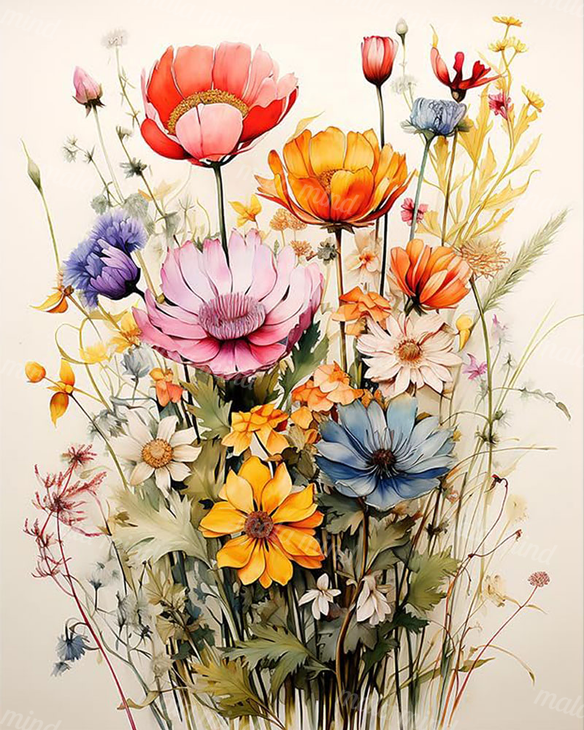 Watercolor-style bouquet of pink, orange, blue, white, and yellow wildflowers with green stems — 02_master_artwork