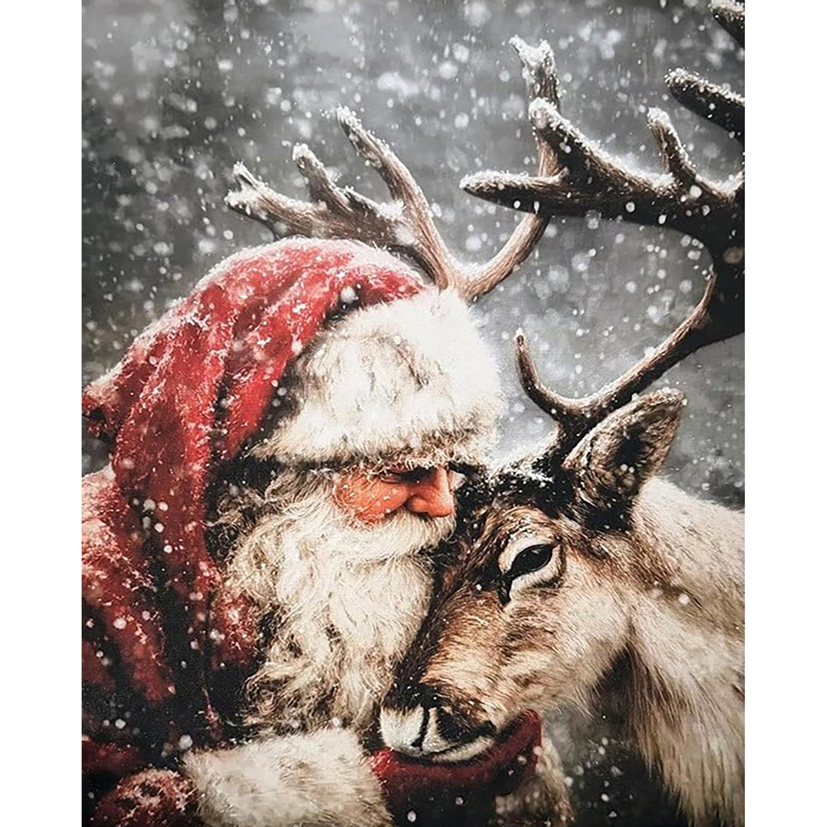 Santa in a snowy red hat embraces a brown reindeer beneath falling snow.