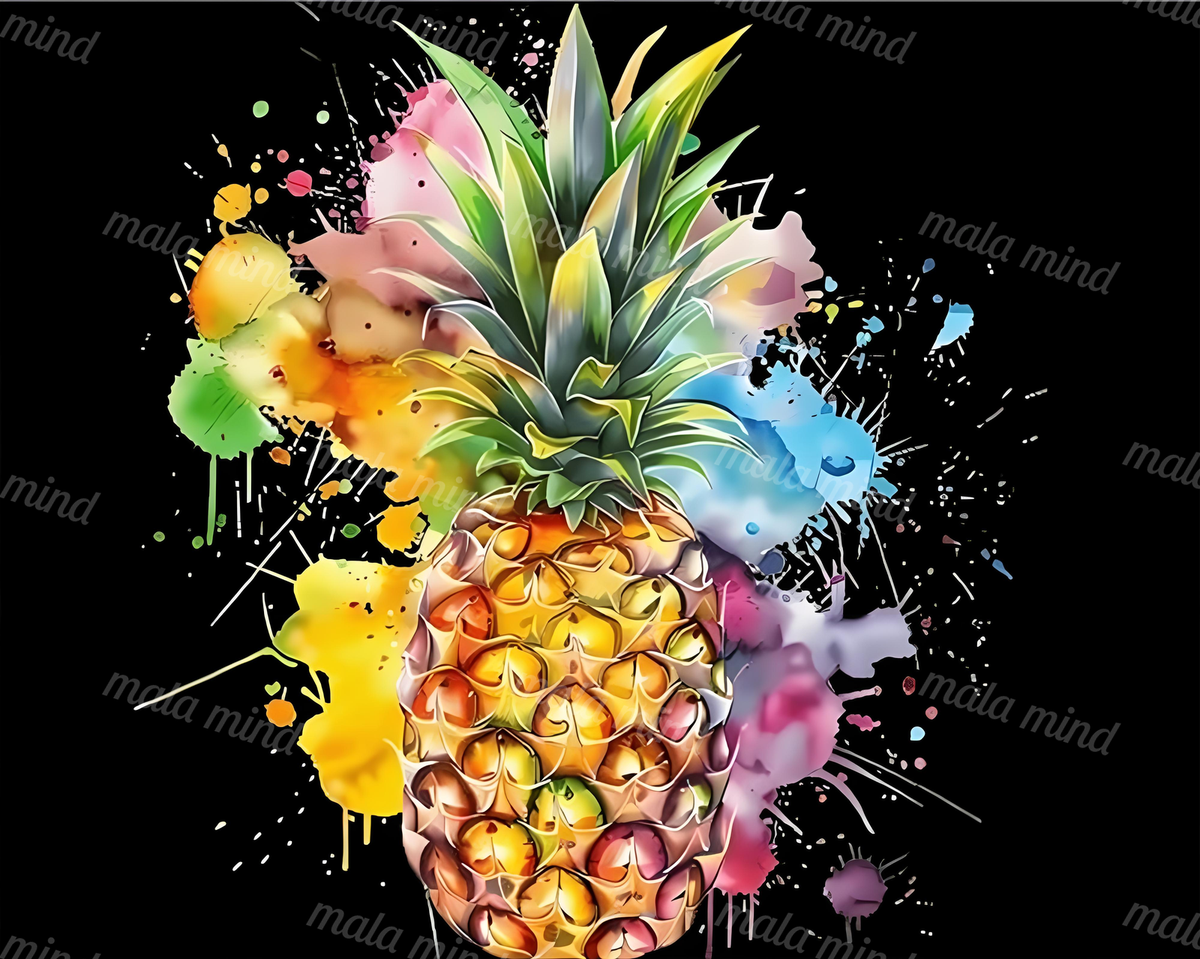 Colorful pineapple with green leaves surrounded by pink, yellow, blue, and purple paint splashes on black — 02_master_artwork