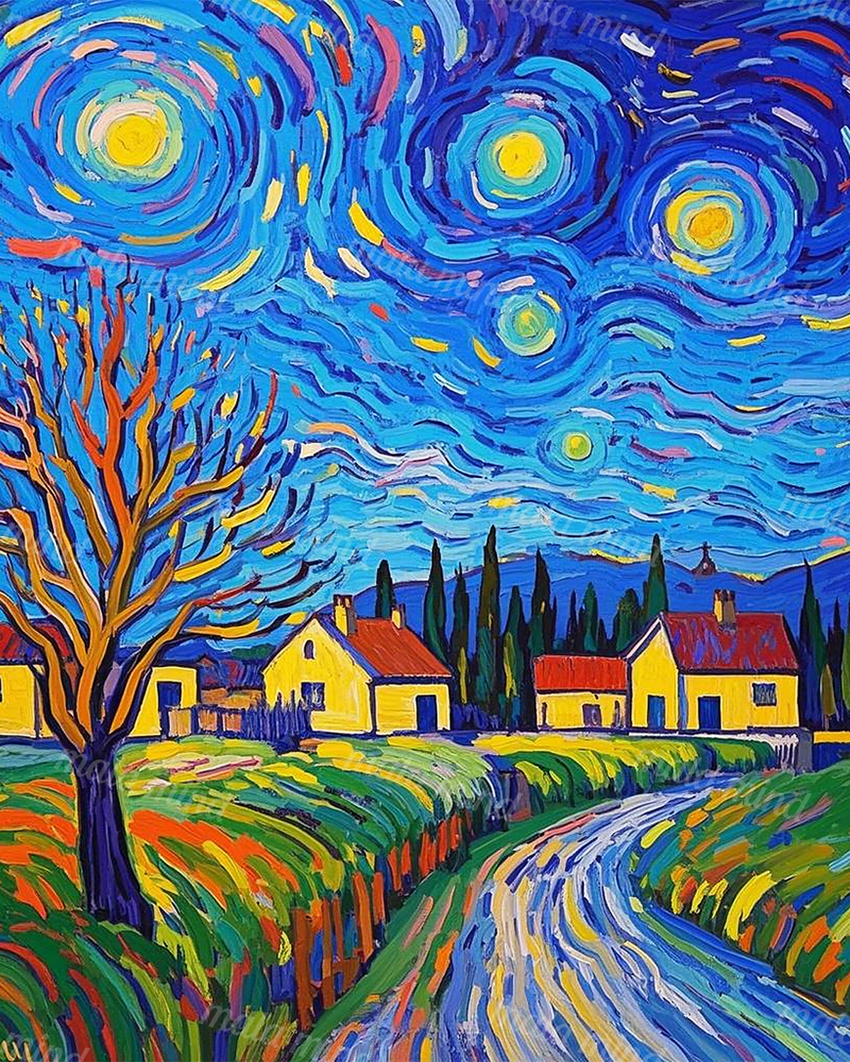 Expressive rural village with yellow houses, bare tree, fields, winding path, and swirling blue sky — 02_master_artwork