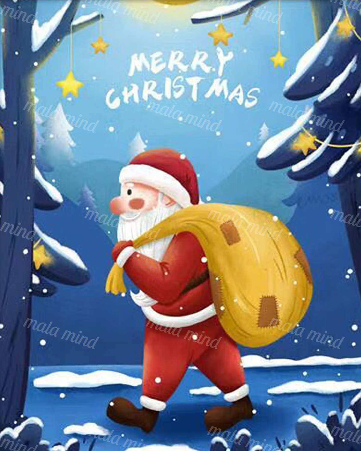 Cartoon Santa carries a large yellow sack through a snowy evergreen forest beneath a Merry Christmas greeting. — 02_master_artwork