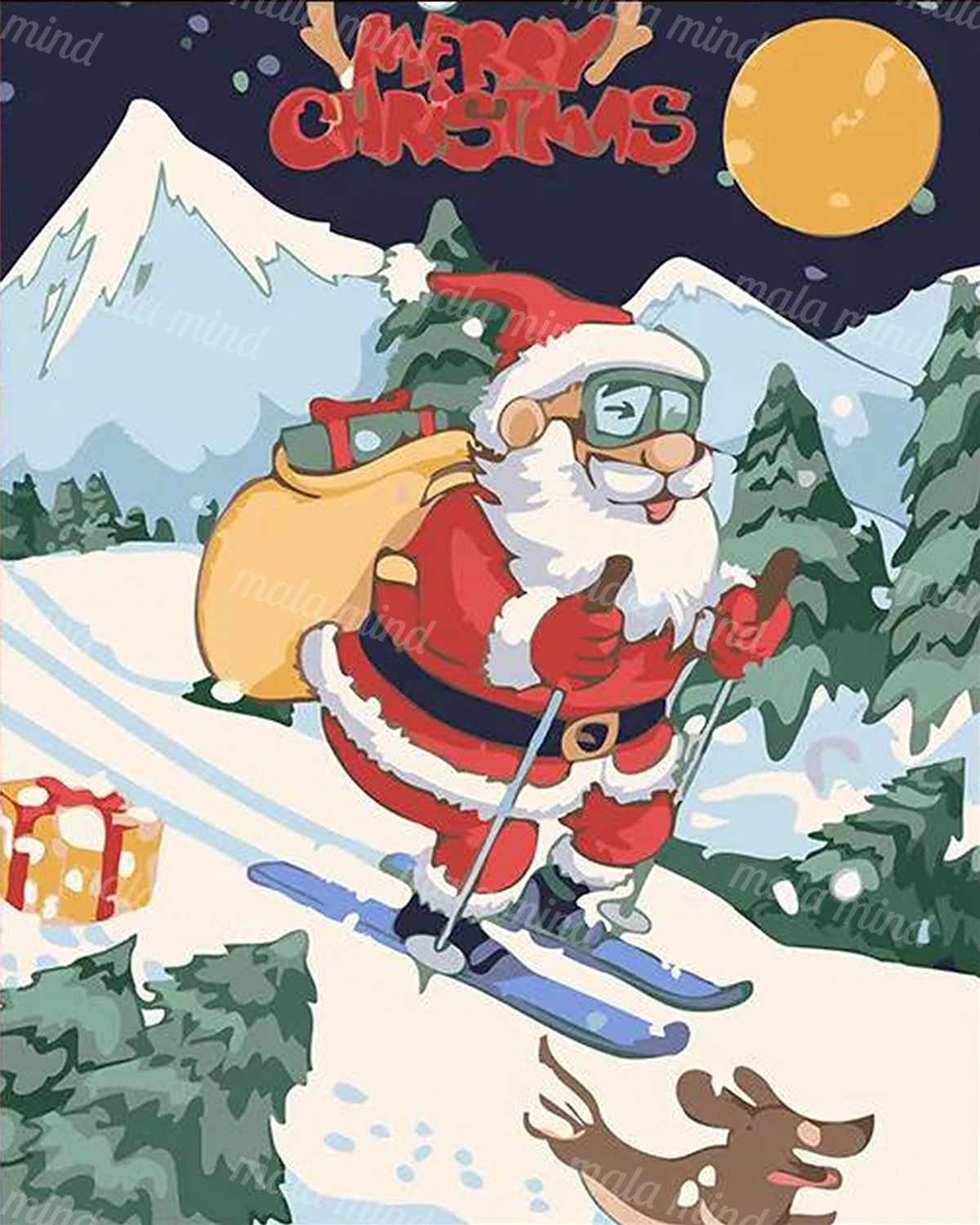 Cartoon Santa skis through snowy mountains with a sack, reindeer, evergreens, moon, and Merry Christmas lettering. — 02_master_artwork
