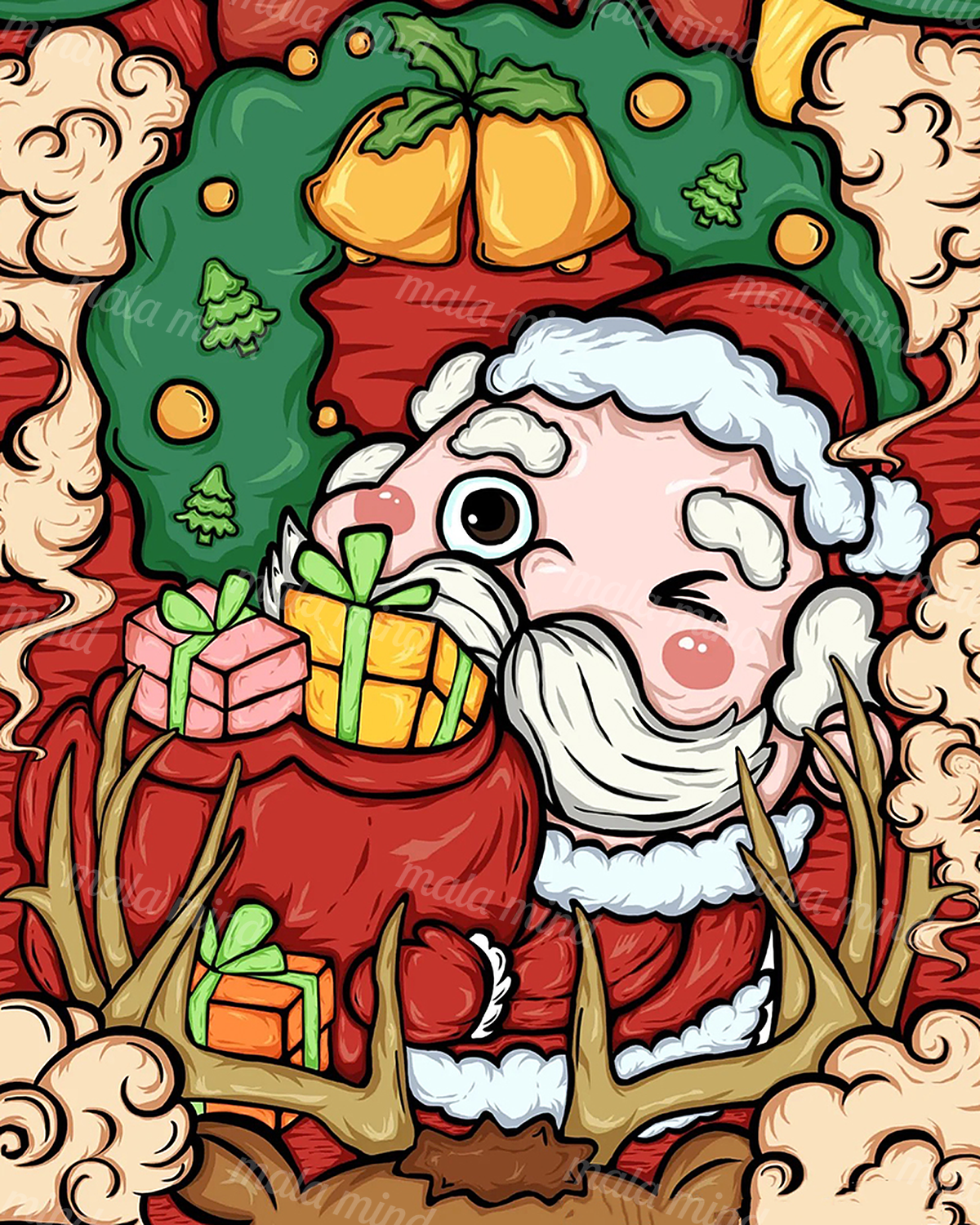 Winking Santa-like figure holding colorful gifts with antlers, bells, and evergreen foliage — 02_master_artwork