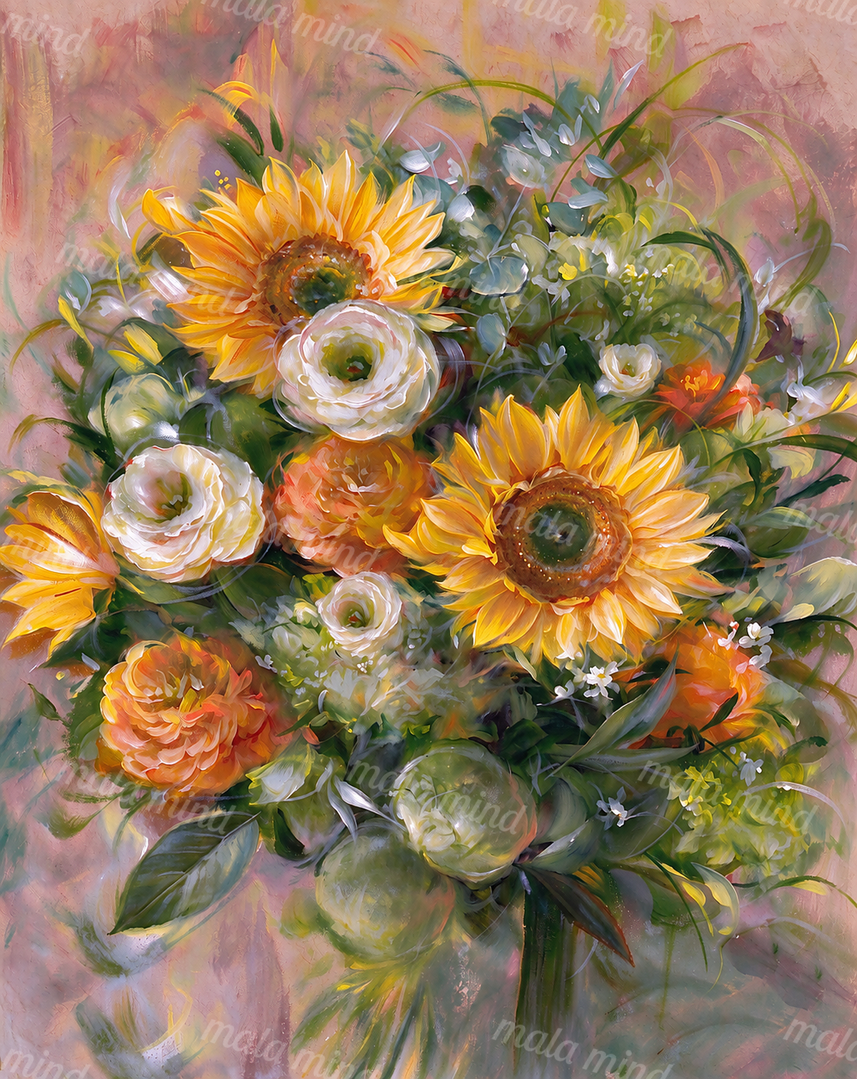 Painterly bouquet of sunflowers, white and orange flowers, and green foliage against a pink background — 02_master_artwork