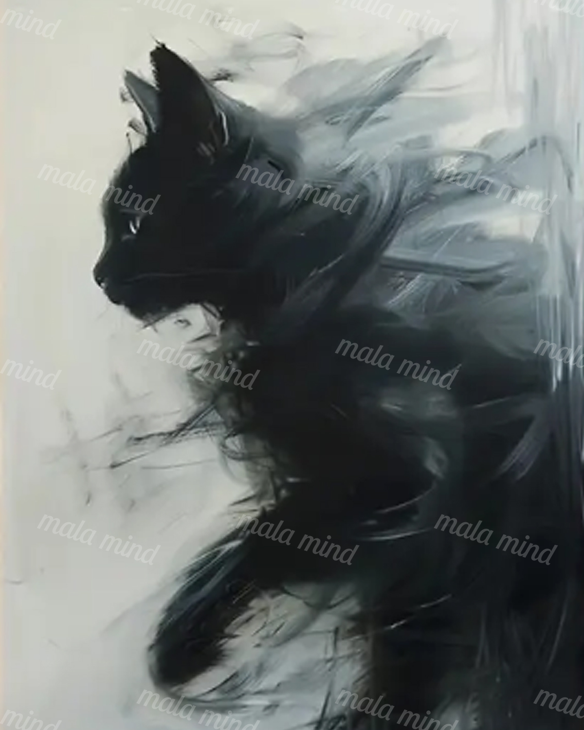 Painterly black cat in profile with flowing fur against a pale, vertically textured background. — 02_master_artwork