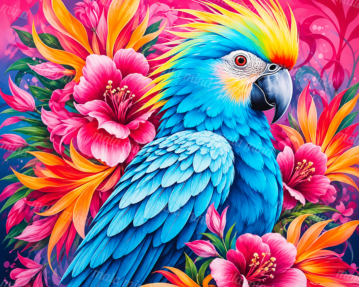 Bright blue parrot surrounded by pink hibiscus and orange tropical flowers — 02_master_artwork
