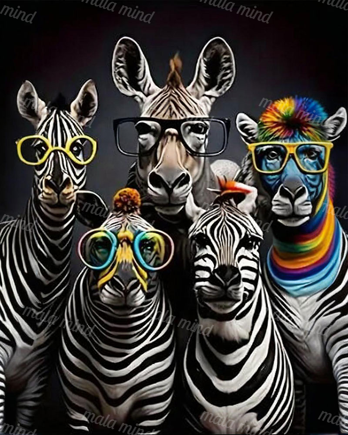 Five zebras wearing colorful glasses, including one with a rainbow mane, posed against a dark background. — 02_master_artwork