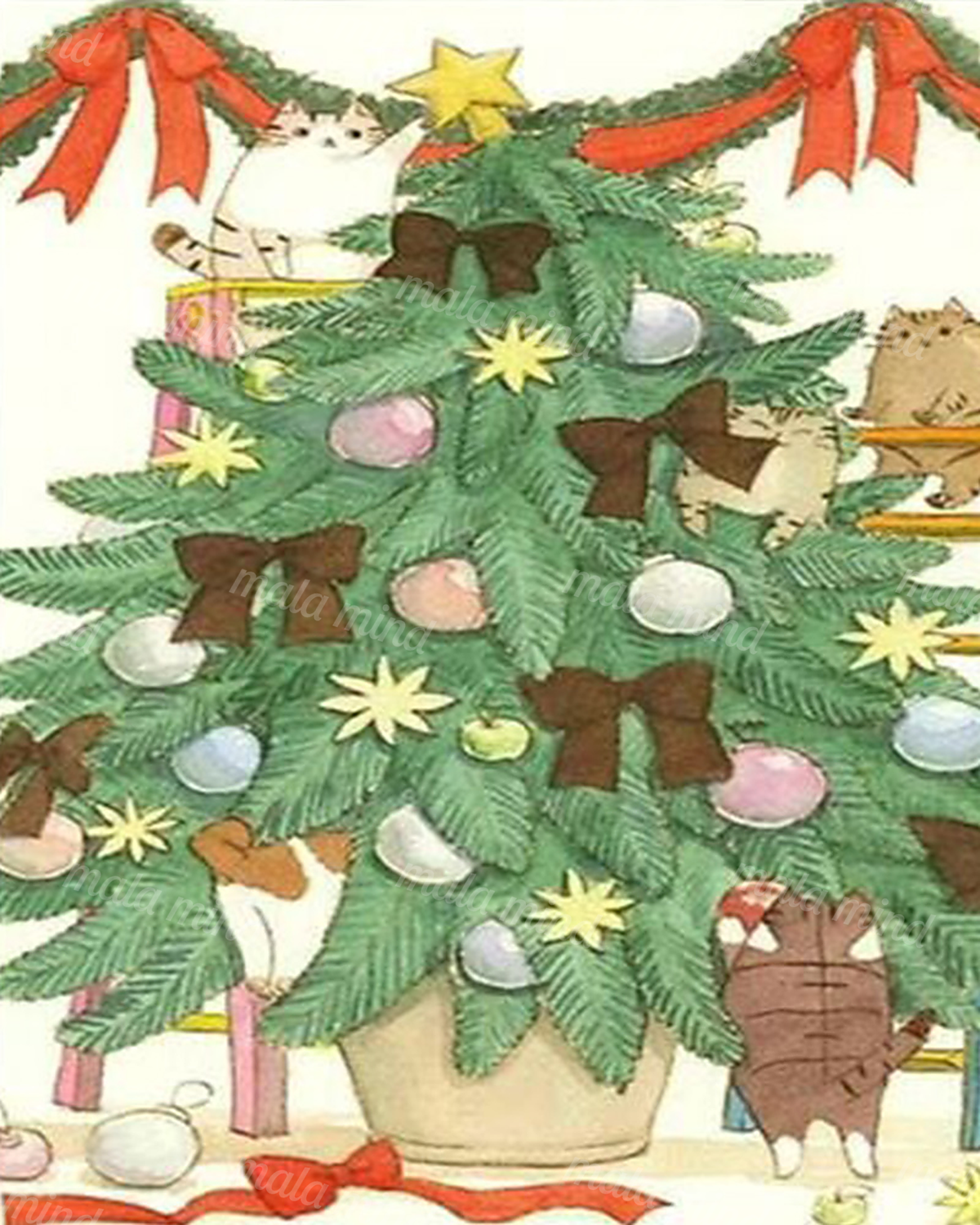 Whimsical Christmas tree decorated with ribbons and ornaments, surrounded by playful cats. — 02_master_artwork