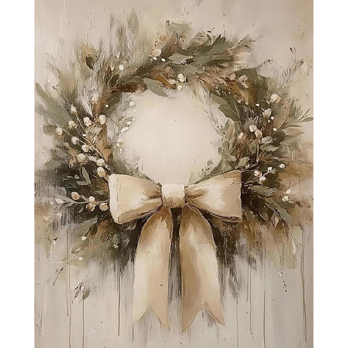 MalaMind Gallery V3 | 02 Master Artwork | FL-260921-005 | Painterly botanical wreath with muted greenery, pale berries, and a large cream ribbon bow