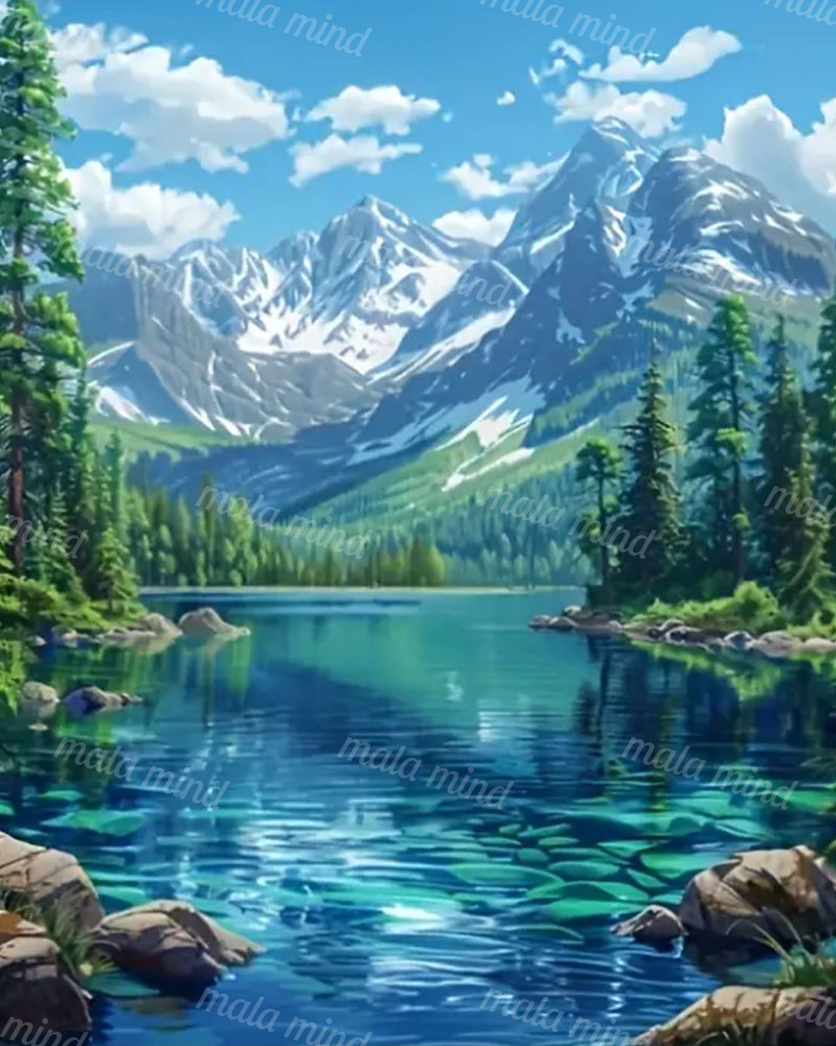 Painterly turquoise alpine lake framed by evergreens and rocks beneath snow-capped mountains and clouds — 02_master_artwork