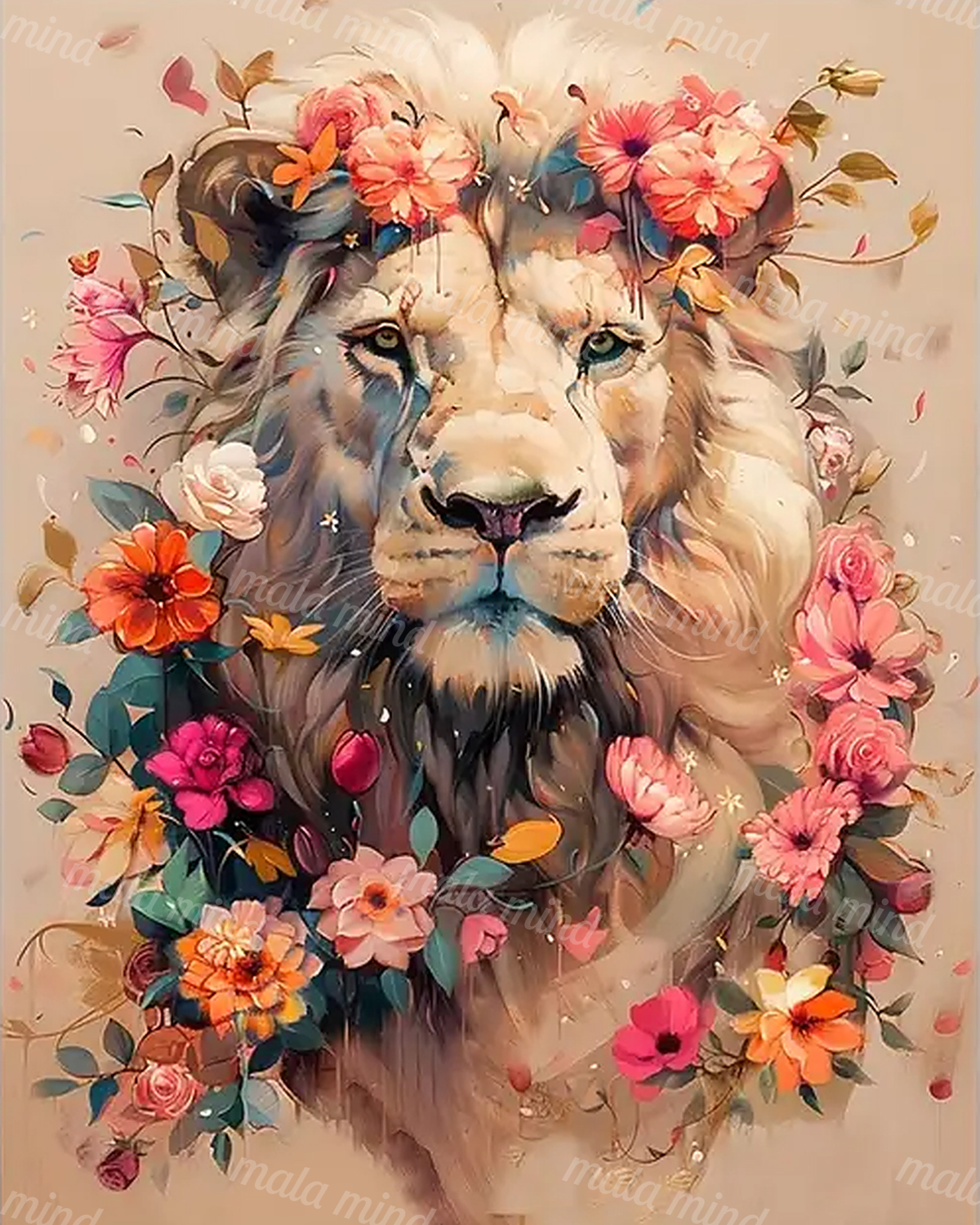 Frontal lion portrait with a full mane surrounded by pink, orange, and red flowers and green leaves. — 02_master_artwork