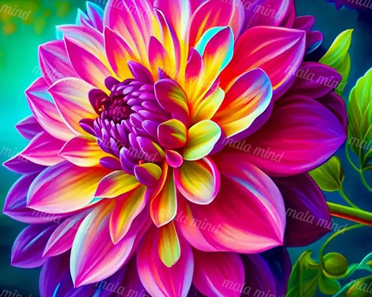 Vivid multicolored flower with layered petals, green foliage, and a deep blue background — 02_master_artwork