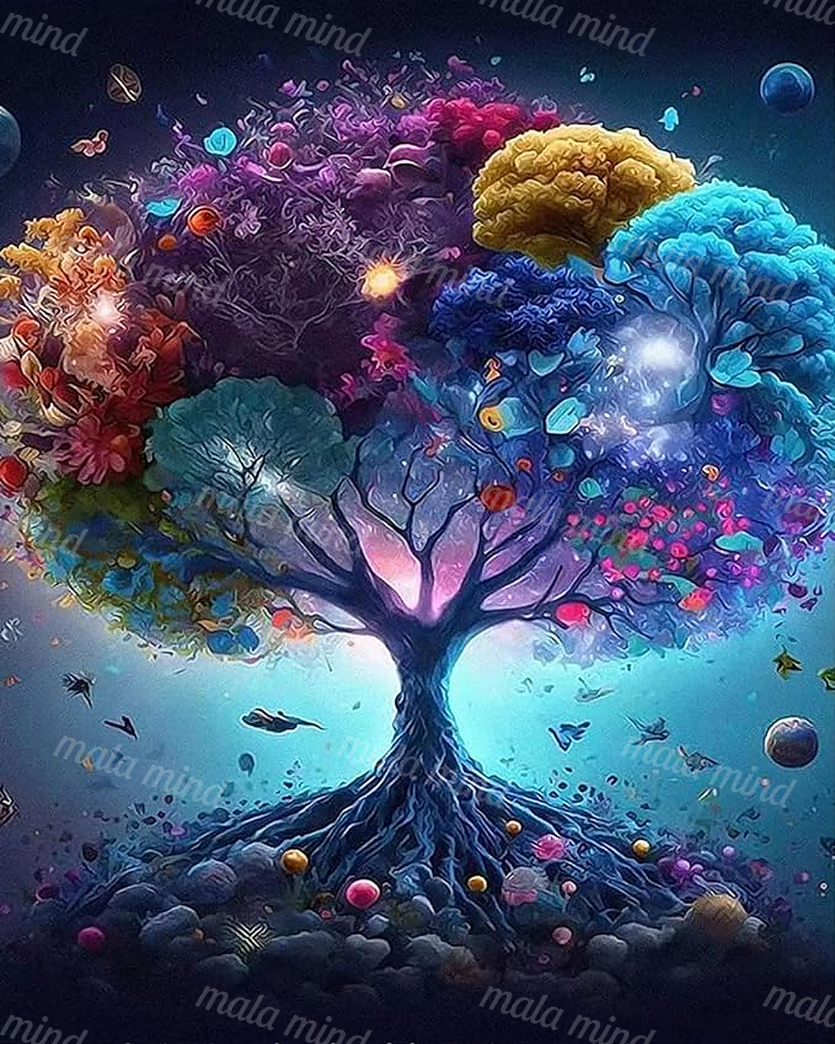 Luminous multicolored underwater tree with coral-like branches, exposed roots, fish silhouettes, and glowing particles. — 02_master_artwork