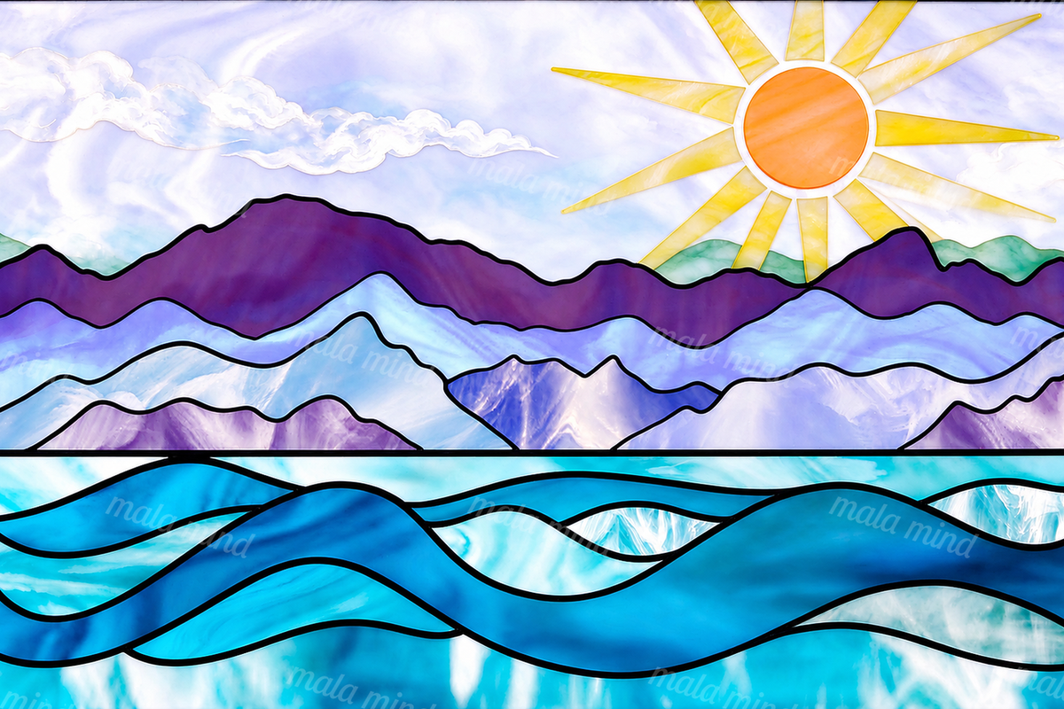 Stained-glass-inspired mountain landscape with a radiant sun, purple peaks, clouds, and layered blue waves. — 02_master_artwork