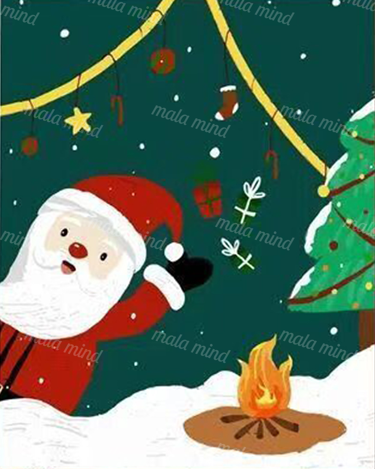 Cartoon Santa beside a decorated Christmas tree and campfire in a snowy Christmas scene — 02_master_artwork