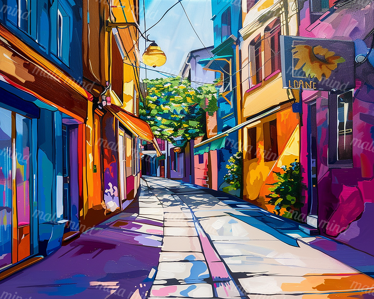 Colorful narrow city alley with vivid buildings, awnings, hanging lamps, leafy trees, and a sunlit paved walkway — 02_master_artwork