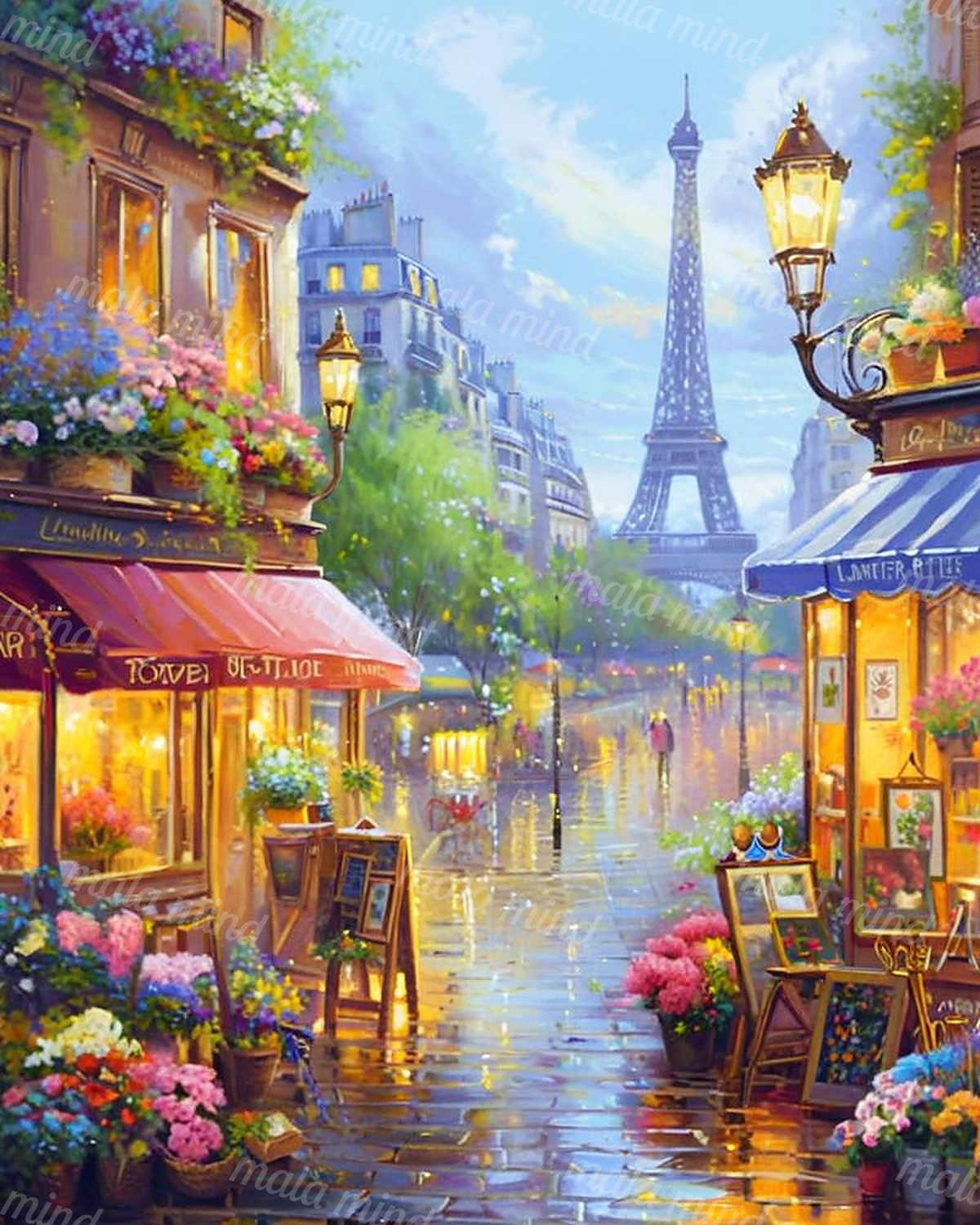 Painterly rainy Paris street with flower shops, glowing lamps, reflective pavement, and the Eiffel Tower. — 02_master_artwork