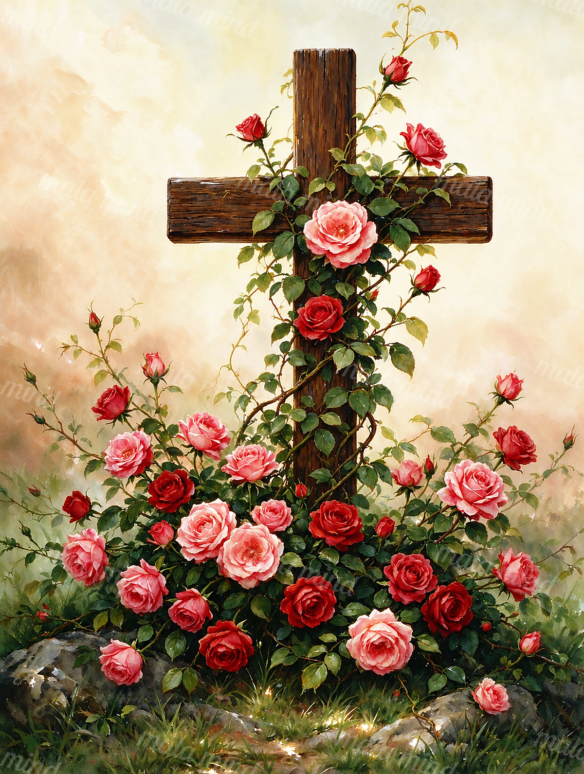 Wooden cross surrounded by red and pink climbing roses in a softly painted outdoor scene — 02_master_artwork