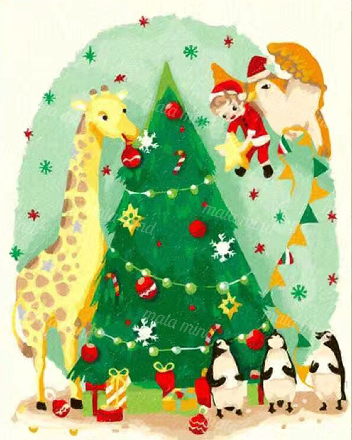 Watercolor Christmas tree with a giraffe, three penguins, presents, ornaments, and holiday characters — 02_master_artwork