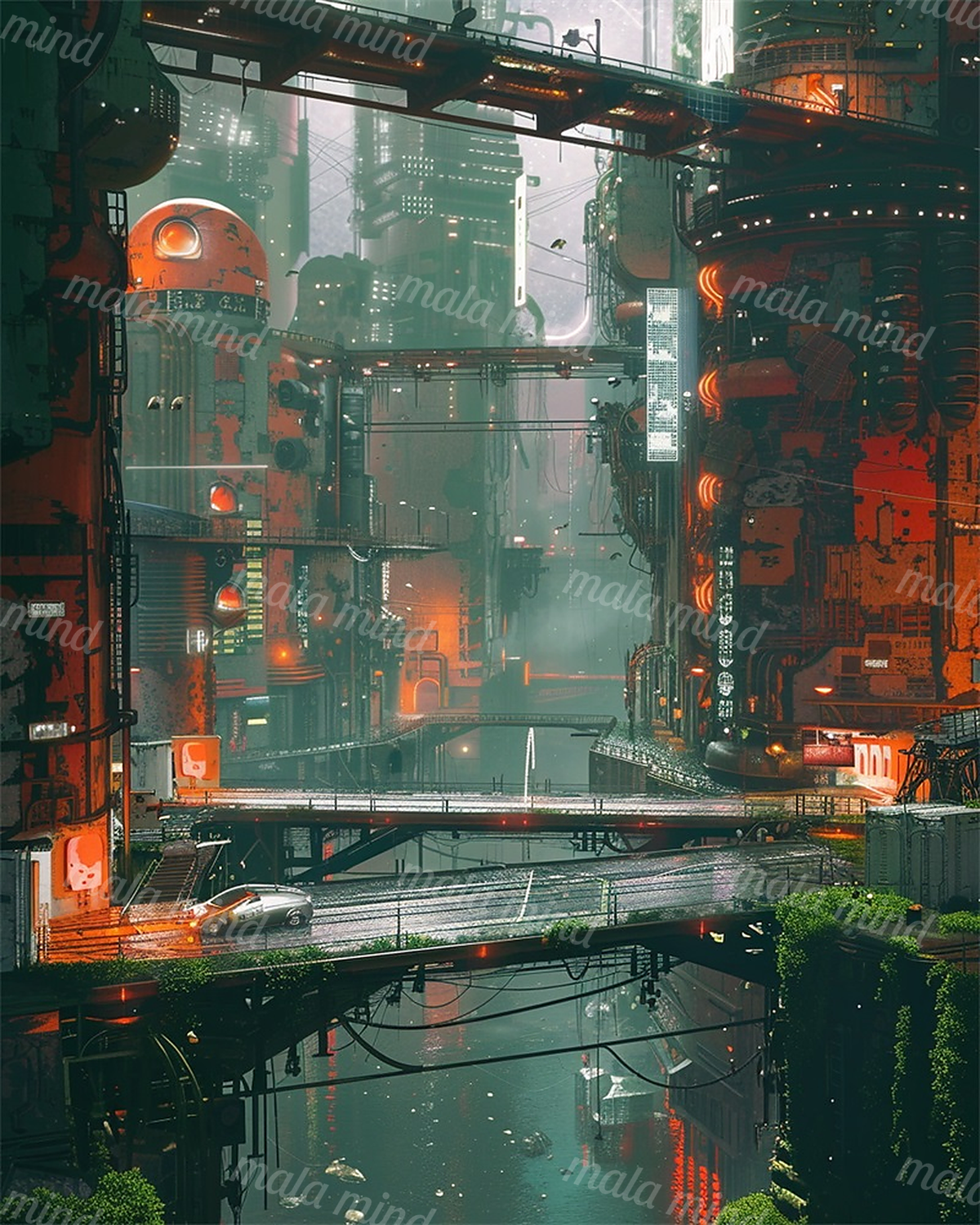 Futuristic industrial city with layered bridges, glowing machinery, and a reflective canal — 02_master_artwork