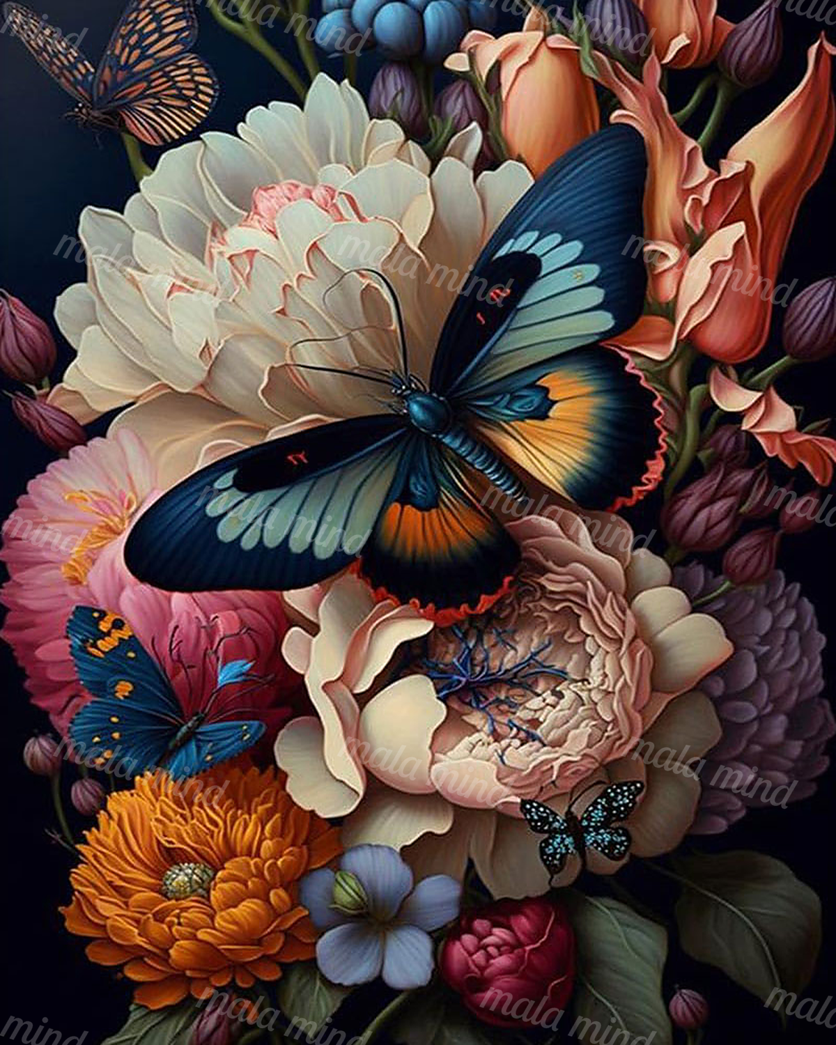 Blue-black butterflies resting among layered cream, coral, orange, and pink flowers on a dark background. — 02_master_artwork