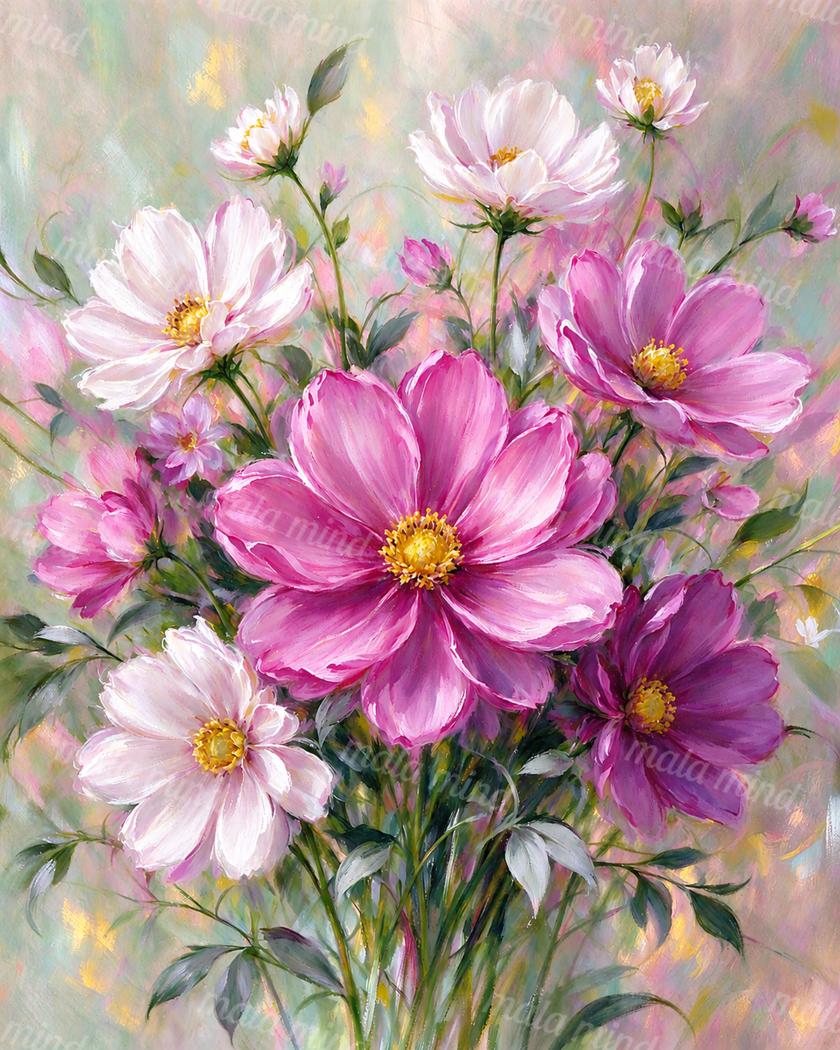 Painterly bouquet of pink, magenta, and white cosmos-like flowers with green stems and foliage. — 02_master_artwork